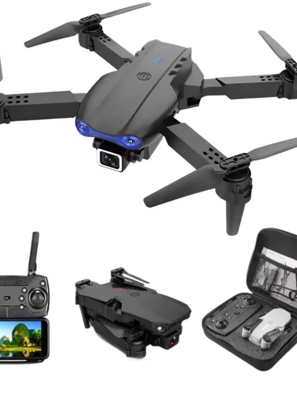 Black Foldable Camera Drone with Blue LED - High-Stability Quadcopter